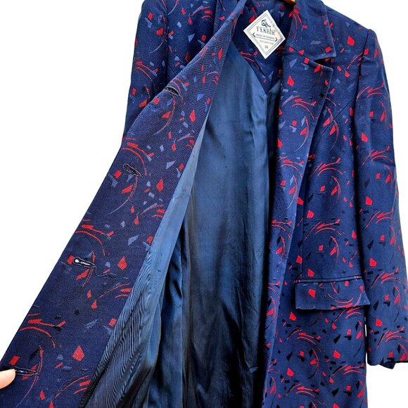 Vintage Turkish Tekbir Modest Coat 80s/90s Navy Red Woven Jacquard 6 8 38 - Picture 5 of 15